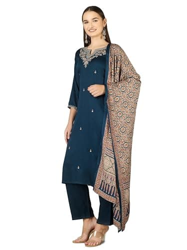 ladyline Womens Party Festive Wear Salwar Kameez Suit Set – Gaji Silk Kurta – Embroidered Neckline with Gaji Silk Dupatta – Wedding Wear (SESK HRGJ) (48/ Pine)