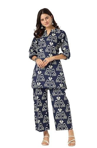 Janasya Indian Women's Cotton Blue Casual Kurta Set for Women