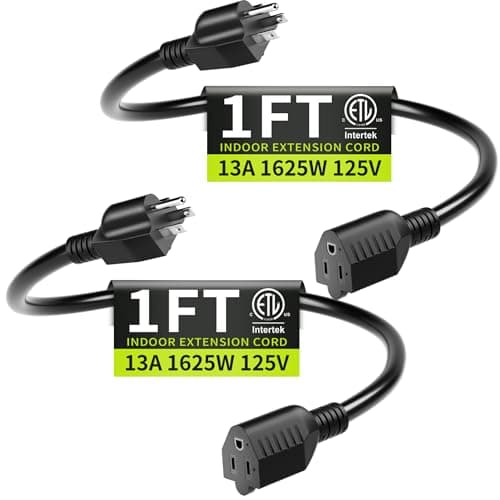Short Extension Cord 1FT 2 Pack,16 AWG Black Power Cord Indoor for Laptops,Coffee Makers,Office Home Appliances, 3 Prong Small Extension Cable Outlet Saver,13A 125V 1625W,ETL Listed.