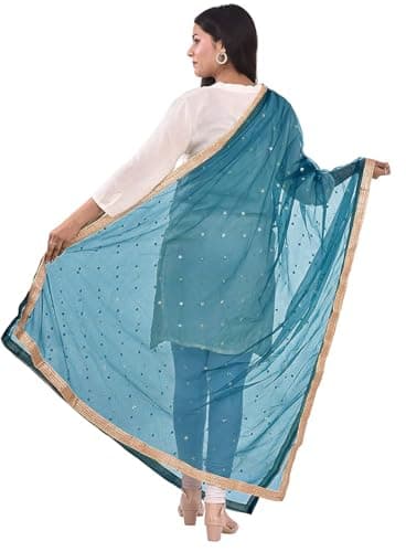 themilestocks Woman's Embellished Net Dupatta Scarf Shawl Wrap Soft Indian Bridal Wedding - Teal Blue