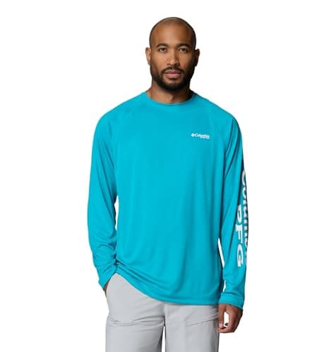 Columbia Men's PFG Terminal Tackle Long Sleeve Fishing Shirt, Ocean Teal/White Logo, Small