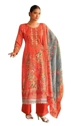 ladyline Cotton Lace Embroidered Salwar Kameez Suit Digital Printed Saroski | Lawn Dupatta (CPESK AZN1240) (40/ Orange)