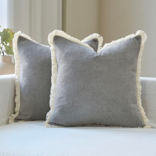 Amor Virisso Fringe Throw Pillow Covers 20x20 Set of 2 Boho Neutral Farmhouse Decorative Pillow Covers with Tassels for Couch Sofa Bed, Light Grey