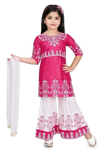 PARANETIC Baby Girls Ethnic Rayon Kurta Sharara Set & Stall For Indian Style kurta Dress For Baby girls (Size 1 Year & Up To 10 Year) (PINK, 6-7 Year)