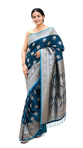 Velion Ethnics Women's Banarasi Silk Saree With Unstiitched Blouse pIece (Dual Tone Peacocok Green)