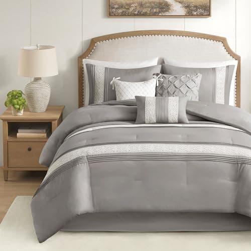 Madison Park Queen Comforter S...ws, Lacey, Queen, Grey 7 Piece