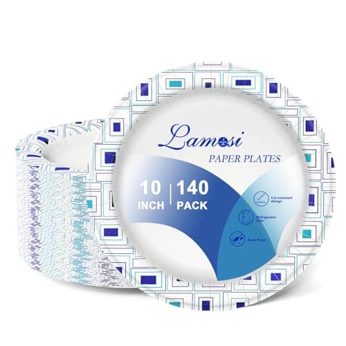 Lamosi 10 Inch Disposable Paper Plates, 140 Count Disposable Plates, Soak Proof, Cut Proof, Heavy Duty Paper Plates for Everyday Use, Party, Wedding