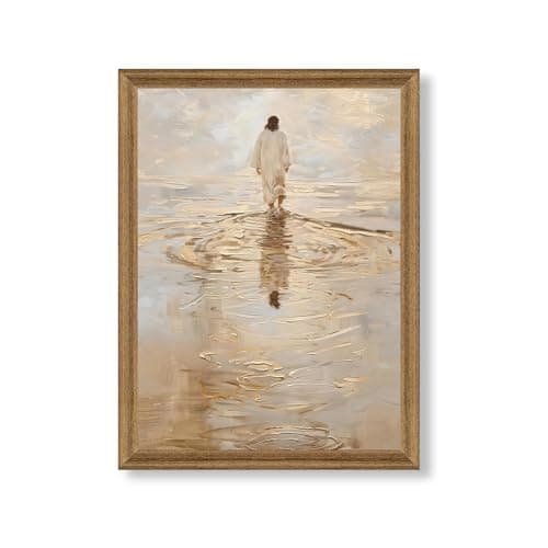 Fantasy Artists Christian Wall Art – Jesus Walking on Water Inspirational Painting, Warm Gold Faith Artwork for Home & Prayer Room, Religious Decor Symbolizing Hope, Trust & Divine Strength, 12W X 16H