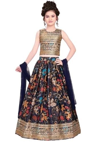disson girls Lehenga Choli Set, Navy Blue and Gold, Girls Sleeveless Crop Top with Printed Skirt and Dupatta (Navy Blue-Gold, 3 Year)