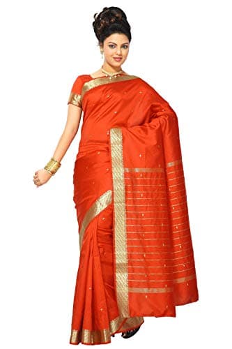 Sanskruti India Womens Indian Ethnic Traditional Banarasi Art Silk Saree Sari Wrap Fabric Dress Drape (Orange)