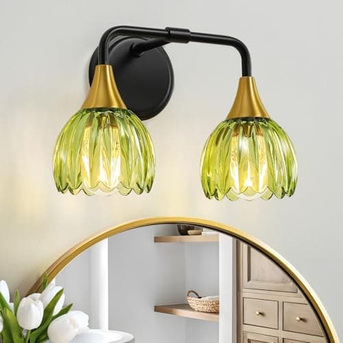 HAHZT Bathroom Vanity Light Fixtures: 2-Lights Vintage Bathroom Lights Over Mirror with Ribbed Green Tulip Glass Shade - 14 inch Black and Gold Wall Sconce Bath Lighting