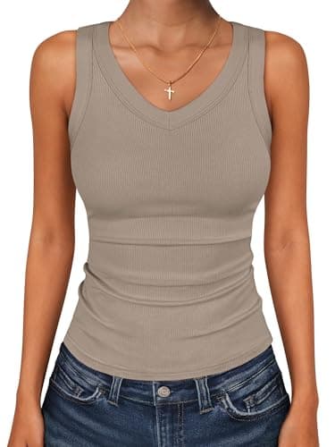 ANRABESS Tank Tops for Women V Neck Ribbed Knit Slim Fitted Sleeveless Basic Tee Tanks Casual Summer Clothes 2026 Light Khaki XS