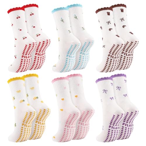 scenicamp 6 Pairs Cute Pilates Socks for Women, Red Brown Yellow Pink Blue