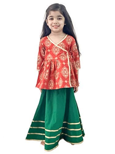 Flawnt Lehenga Kurti Angarkha Style (Red-Green, 4T)