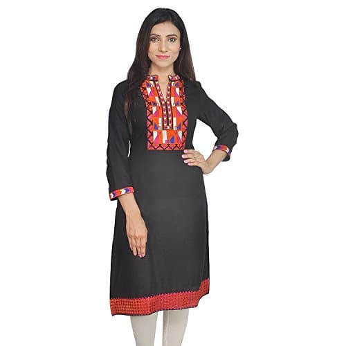 Chichi Indian Womens Embroidered Rayon Straight Black Kurti Top(3/4 Sleeve)