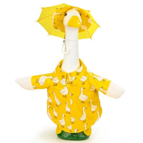 FLAIR GIFTS Yellow Goose Printed Raincoat Goose Outfits Porch Printed Waterproof Clothes with Umbrella Hat Fits 23" Geese Statue for Spring Garden Lawn Patio Yard Outdoor Decor (Special Printed)
