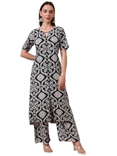 Tissu Women's Pure Cotton Black Printed Kurta & Palazzo | Indian women kurta set (758_Black_XL)