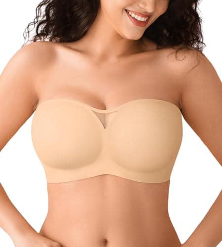 Strapless Jelly Bras for Women Push Up Wireless Seamless Non Slip Bandeau Bra Womens Supportive Padded Tube Bra No Underwire(Nude,L)
