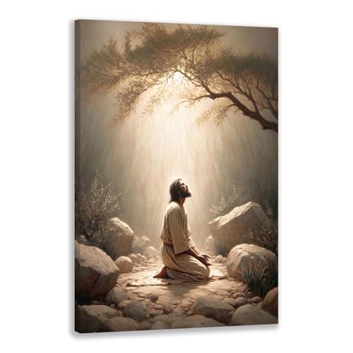 FASWQ Framed Jesus Prayer Wall Art, Christian Inspirational Wall Decor, Religious Faith Poster Print, Divine Mercy Jesus Kneeling in Prayer Canvas Painting for Church LDS Meditation Room, 12x16 Inch
