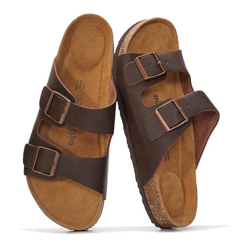 Project Cloud 100% Genuine Leather Mens Sandals - Memory Foam Insole Birkenstock; Cork Footbed Slides for Men Footwear - Non-Slip Summer Sandals Lightweight Mens Slides