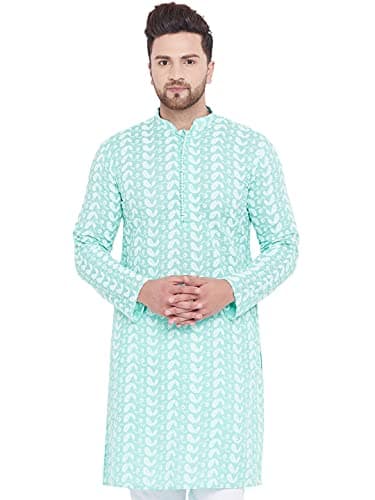 VASTRAMAY Mens Cotton Green and White Kurta - Elegance for Festivals & Events_VASMK094GN_46