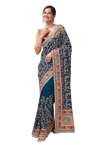 TRENDMALLS Women's Vichitra Silk Embroidery Work Saree with Unstitch Blouse Piece (K1085-Morpeach)