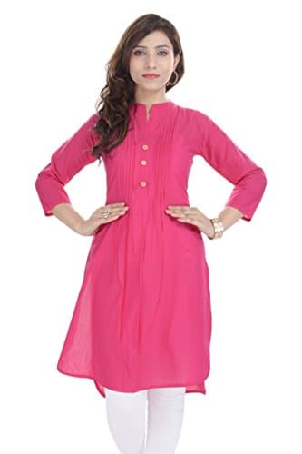 Chichi Indian Women Cotton Plain Straight Redish Pink Kurti Top(3/4 Sleeve)