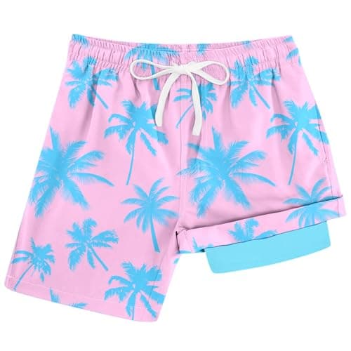 Cozople Boys Swim Trunk Pink Blue Palm Tree Swim Short with Boxer Brief Liner Swimsuit Compression Swimwear UPF Stretchy Bathing Suit for Outdoor Size 10-12