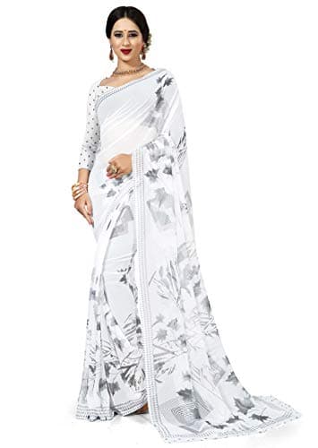 Miraan Women's WoGeorgette Saree with Blouse Piece Free Size White