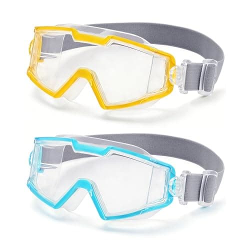 Pixel Panda 2 Pack Swim goggles for Kids 6-14, Wide View Kids Swim Goggles with Fabric Strap for Boys Girls, No leak Anti-Fog Anti-UV, Sky-blue & Yellow
