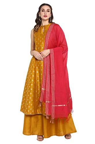 Janasya Indian Women's Mustard Foil Print Festive Wear Kurta Set for Women
