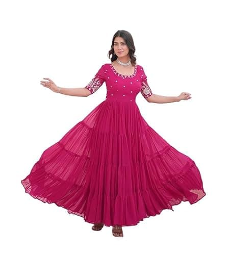 Women's Georgette Embroidered Flared Anarkali Gown – Traditional Indian Ethnic Wear (US, Alpha, Large, Regular, Regular, Pink)