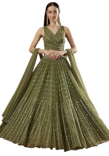 Indya Mahendi Green Embroidery Georgette Lehenga Choli for Wedding | Sleeveless | V-Neck | Indian Ethnic Wear
