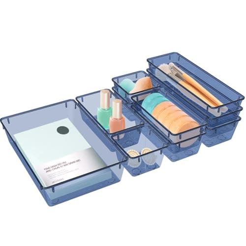 StorMiracle 10 PCS Drawer Organizer Set, 5 Varied Size Bathroom and kitchen Drawer cabinet organizer Trays, Clear Storage Bins for Makeup, Jewelry, Utensils and Gadgets, Dark Blue