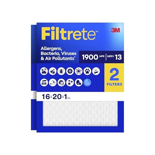 Filtrete 16x20x1 Air Filter, MERV 13 MPR 1900, Allergens, Bacteria, Viruses & Air Pollutants, 3-Month AC/Furnace Filters, Cleaner Air Reliable Airflow, 2 HVAC Filters(Act Size 15.62x19.62x0.78 in)