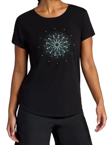 Gaiam Women’s Mindful Flower Moon Crewneck T-Shirt, Relaxed Fit, Stretch Lightweight Material, Curved Hem, Black (Tap Shoe), Medium