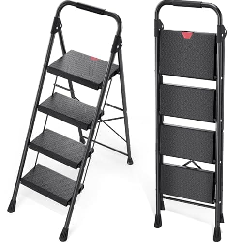 KINGRACK 4-Step Ladder with Ha...olding Steel Step Stool, Black