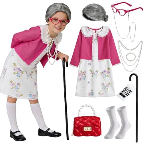 Latocos 12pcs Girls Old Lady Costume Kids 100 Days of School Costume 100th Day of School Granny Grandma Cardigan Dress Up Set (100)