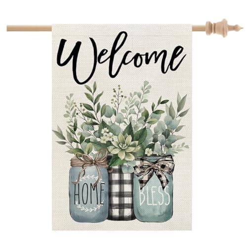 CROWNED BEAUTY Spring Summer House Flag Eucalyptus Mason Jar Double Sided 28x40 Inches Large Burlap Welcome Holiday Seasonal Yard Decoration for Outside Porch