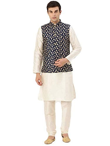 Henith Collection Men's Indian Silk Kurta Pajama Set with Embroidered Nehru Jacket Wedding Party Festivals Dress Set (Off-White & Navy Blue, XL)