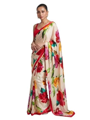 Mirraw Women's Red & White Digital Printed Saree | Bollywood Style Lightweight Festive Saree | Modern Contrast Saree with Blouse Piece