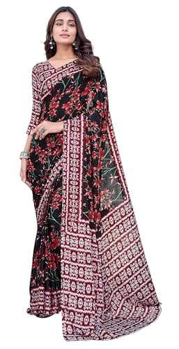 IMTRA FASHION Women Indian Sari Printed Chiffon Saree with Unstitched Blouse Piece-Black