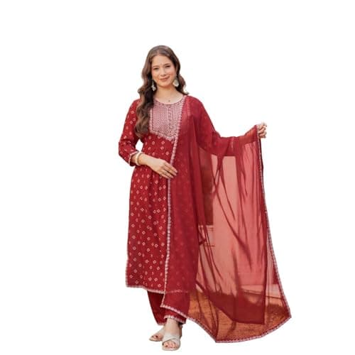 Rosarue Women's Rayon Straight Kurta Pant with Dupatta Heavy Sequence Embroidery Festive Wear | Maroon, XX-Large