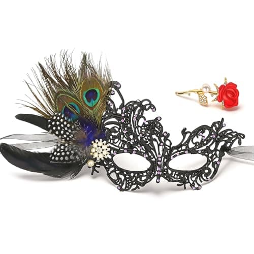 Hyperfun Experience Masquerade Mask for Women Feather Lace Mask with Brooch Shiny Rhinestone for Venetian Masquerade Party Halloween Ball Mardi Gras