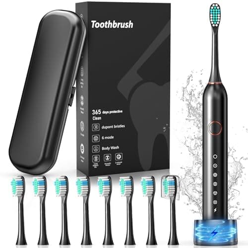 Cemobene Electric Toothbrush for Adults & Teens, Sonic Rechargeable Toothbrush with 8 Brush Heads & Travel Case, 40000 VPM, 6 Modes, 2-Minute Timer, IPX7 Waterproof, Wireless Charging Base, Black