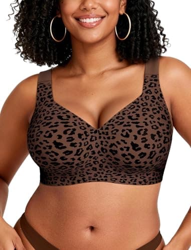 OEAK Womens Wireless Bras Supportive Seamless Full Coverage Bra Push Up Comfortable Bra No Underwire Everyday Tshirt Bras Coffee Leopard XL