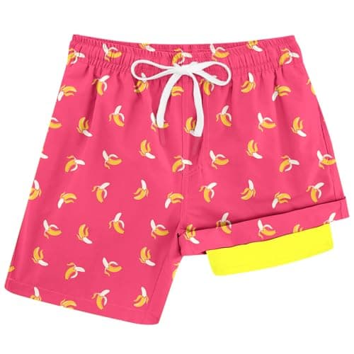 Cozople Swim Trunk for Boys Banana Swim Short Commpression Anti Chafe Pink Swimsuit UPF Bathing Suit Boxer Brief Swimwear for Outdoor Size 8