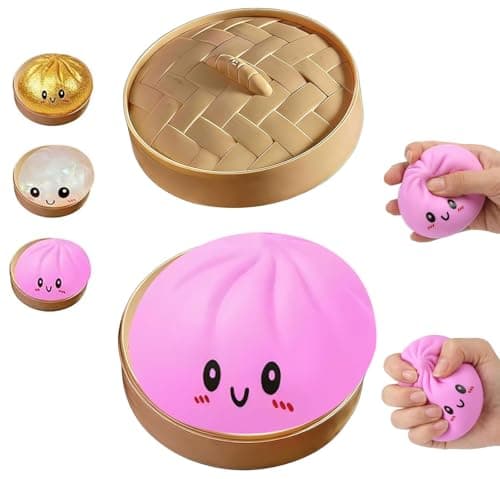 Dumpling Squishy, Mystery Squishy Dumpling Box, Soft Squeeze Dough Ball for Stress Relief, Easter Basket Stuffers, Stretchy Bun with Mini Food Steamer Desk Fidget Toy for Adults (Pink)