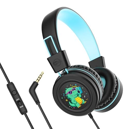 MEE audio KidJamz KJ55 Wired Children’s Headphones with 3.5mm Plug, Colorful Graphics, Volume Limiter & Microphone, Adjustable On-Ear Kids Headset for Online Learning/School/Travel/Tablet (Black)