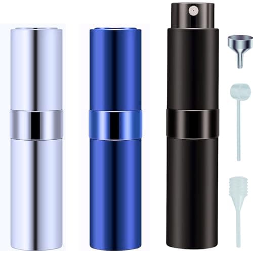 8ML Perfume Atomizer Travel Bottle Refillable 3 Pack,Refillable Fragrance Bottles, 3-Section Leak-Proof Mini Cologne Sprayer, Portable Fragrance Decant Dispenser for Women Men (Black+Blue+Silver)